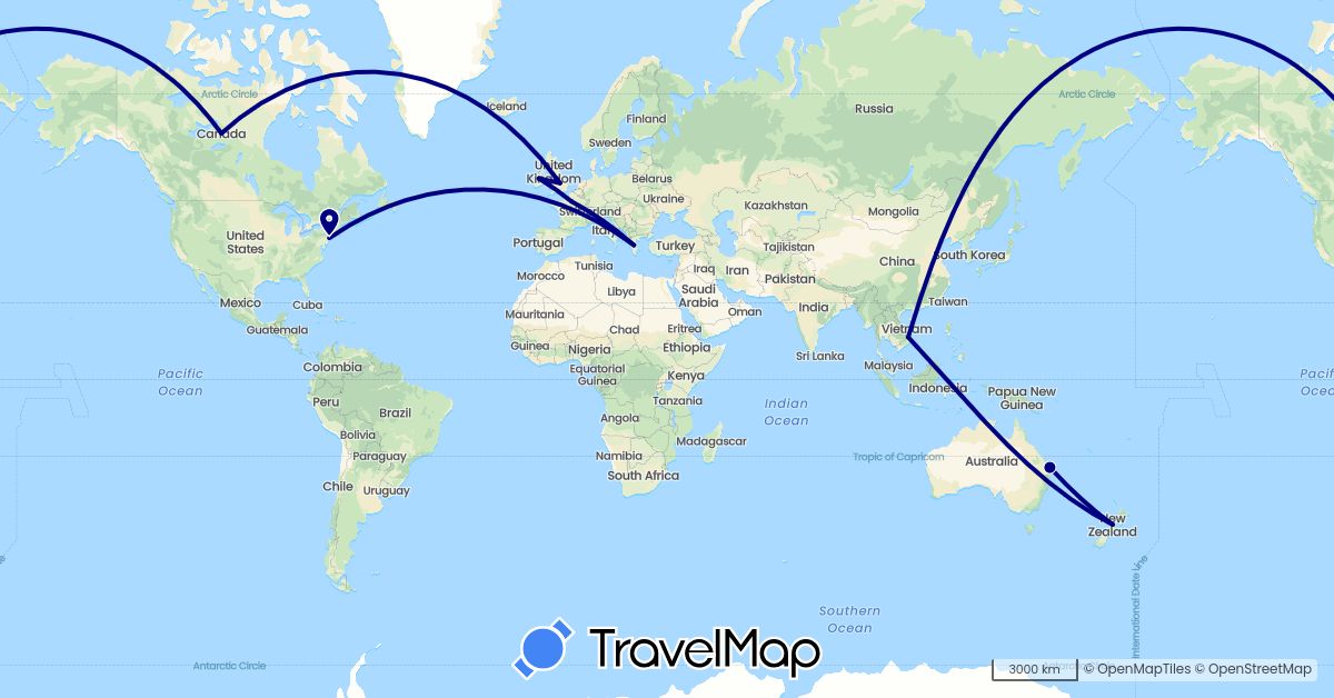 TravelMap itinerary: driving in Australia, Canada, France, United Kingdom, Greece, Ireland, New Zealand, United States, Vietnam (Asia, Europe, North America, Oceania)